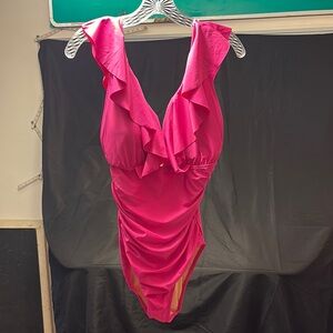 Preppy Pink Ruffled One Piece NWT Swimsuit J. Crew Size 10 Tall